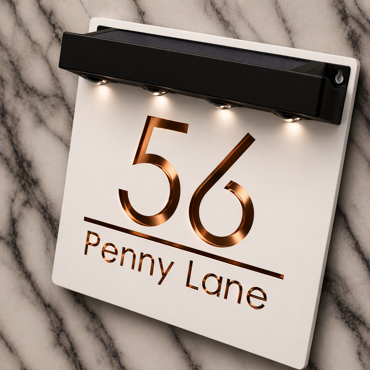 Marylebone Square Solar House Sign, White plaque, Copper Mirror