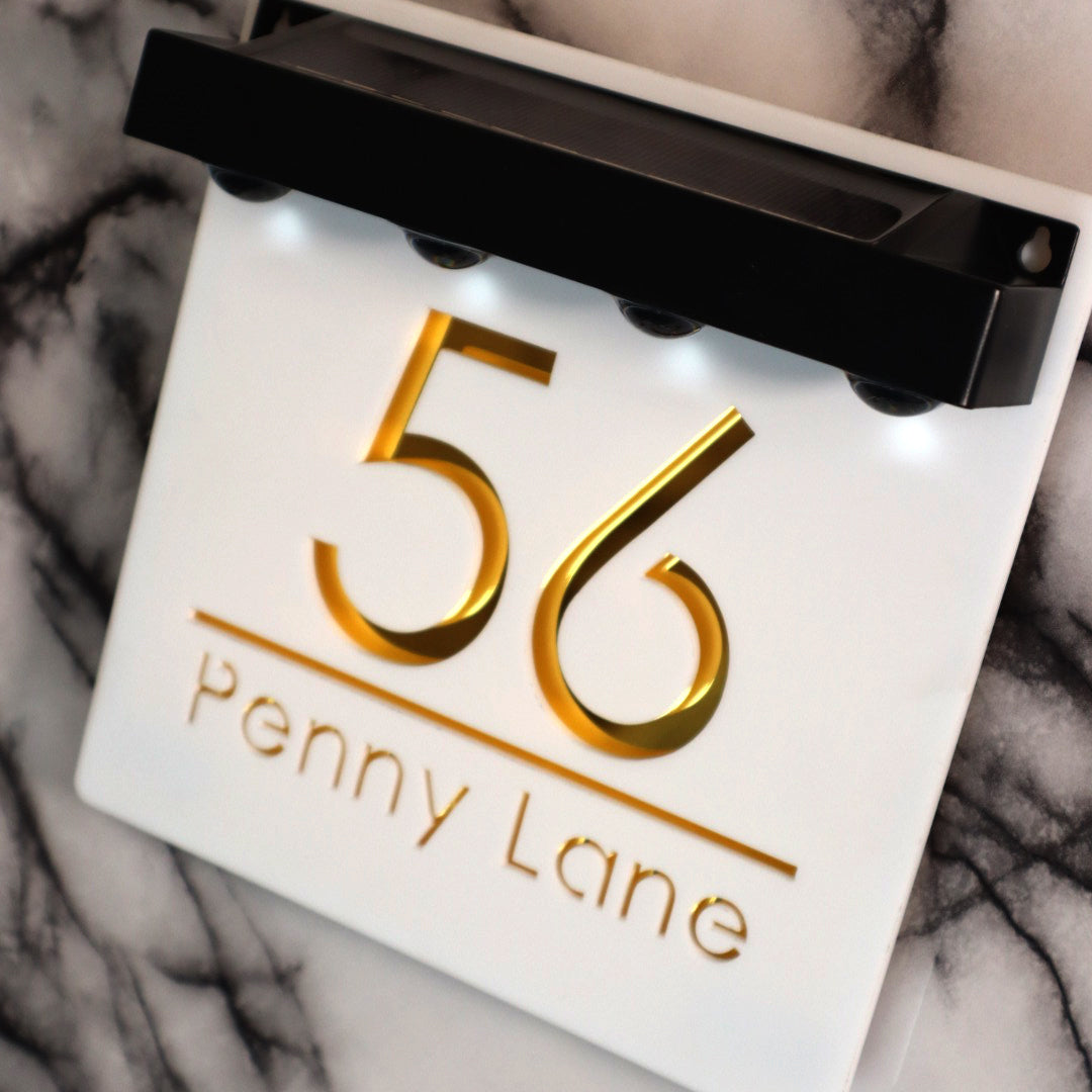 Marylebone Square Solar House Sign, White plaque, Gold Mirror