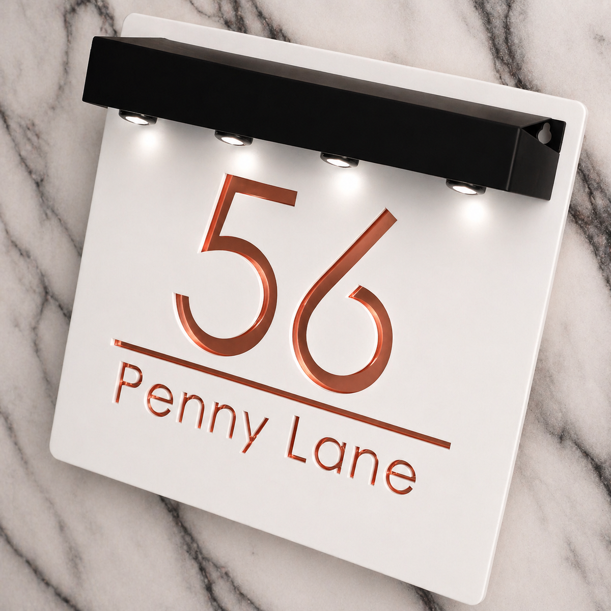 Marylebone Square Solar House Sign, White plaque, Rose Gold Mirror
